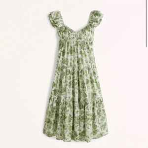 Abercrombie & Fitch Ruffle Sleeve Poplin Midaxi Dress Green Floral